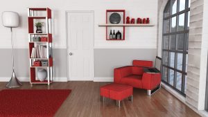 תמונה של סלון בצבע אדום עם רהיטים מעוצבים מעץ מלא
